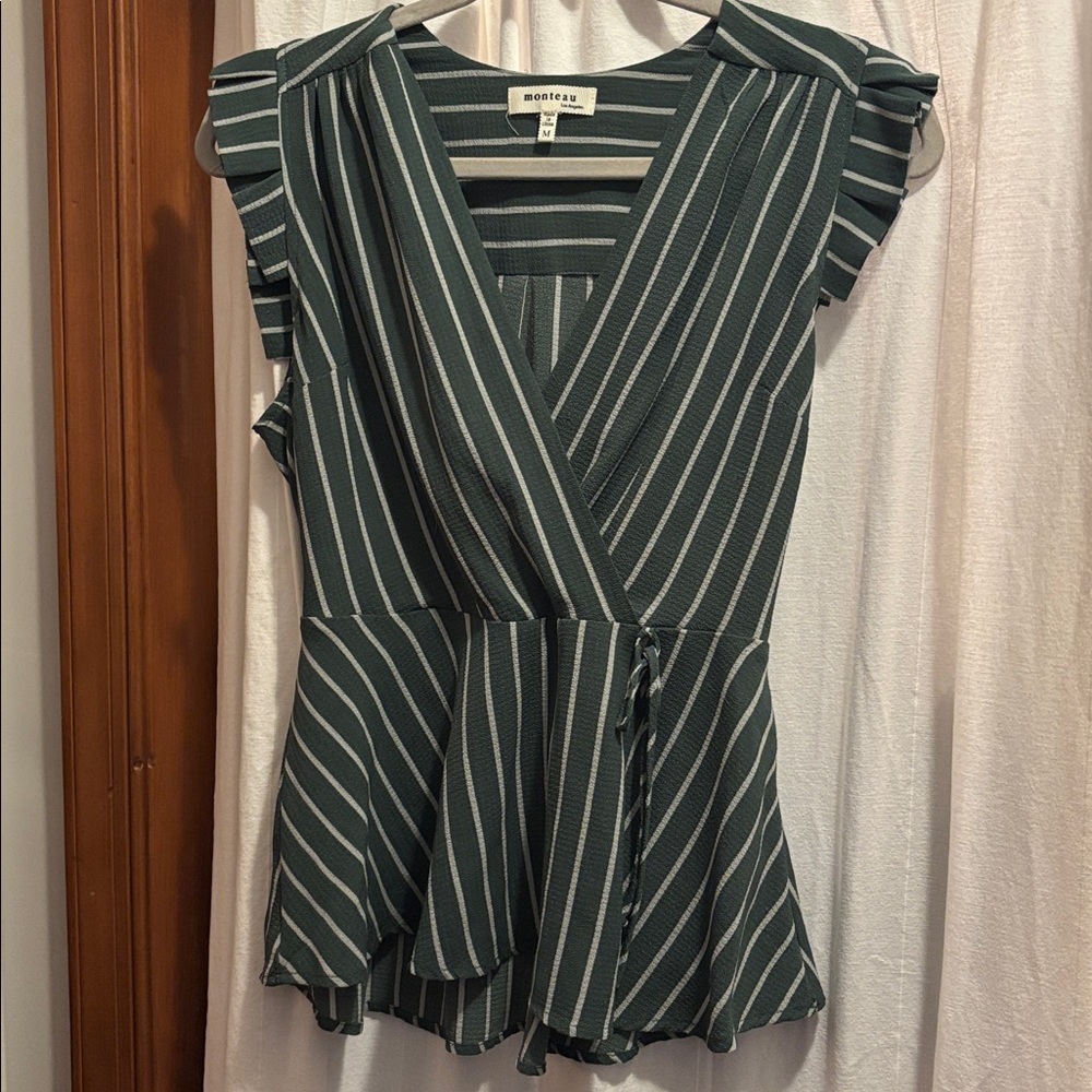 Montaeu Green Striped Wrap Peplum Top – Size M